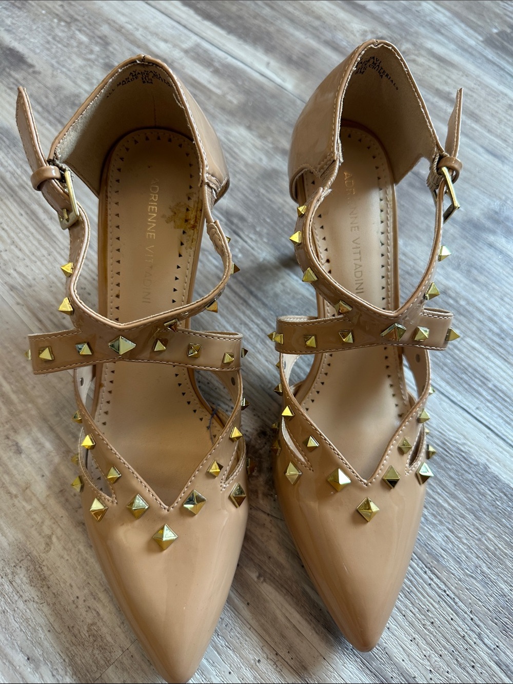 Adrienne Vittadini Beige Patent Studded Pointed-Toe Heels - Picture 4 of 5